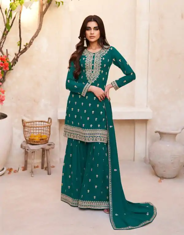 Artful Green Color Heavy Georgette Embroidered Work Sharara Suit