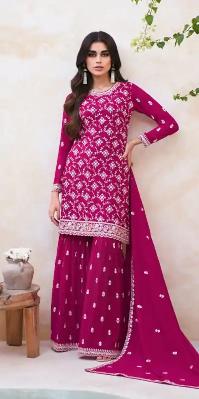 Artful Red Color Heavy Georgette Embroidered Work Sharara Suit