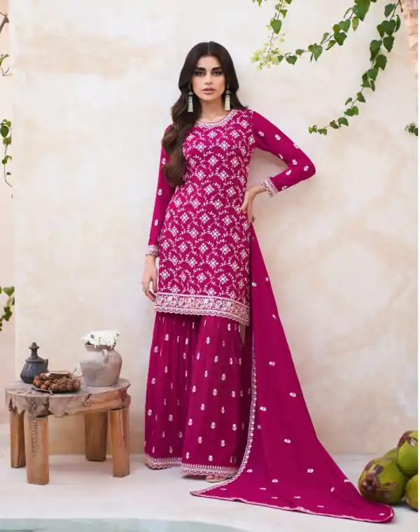 Artful Red Color Heavy Georgette Embroidered Work Sharara Suit