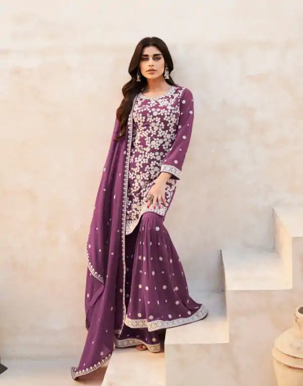 Artful Wine Color Heavy Georgette Embroidered Work Sharara Suit