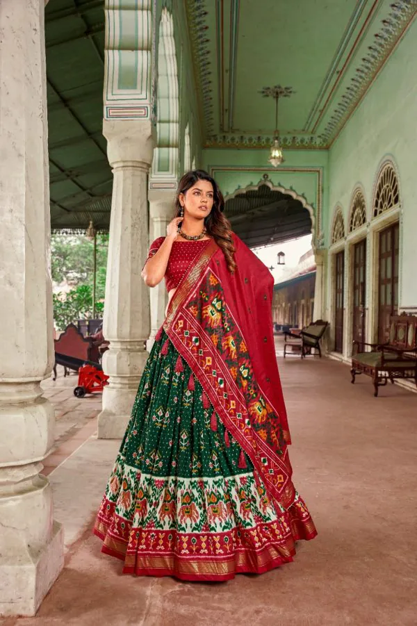 Attractive Green Color Tussar Silk Patola Printed Lehenga Choli