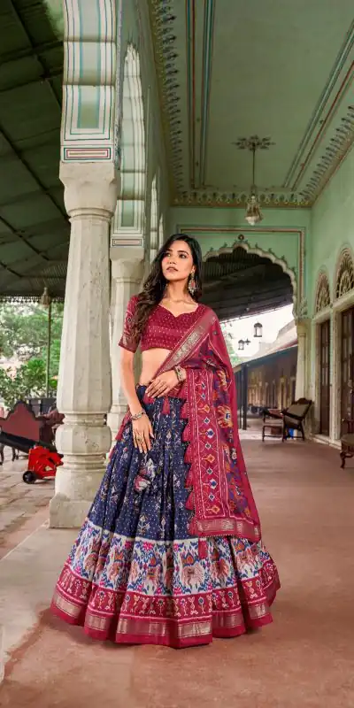 Attractive Navy Blue Color Tussar Silk Patola Printed Lehenga Choli