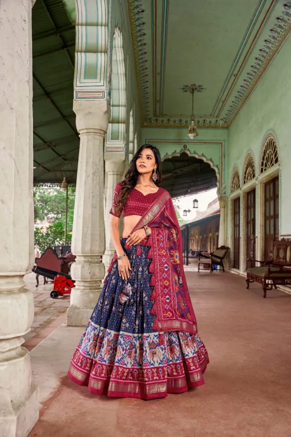 Attractive Navy Blue Color Tussar Silk Patola Printed Lehenga Choli