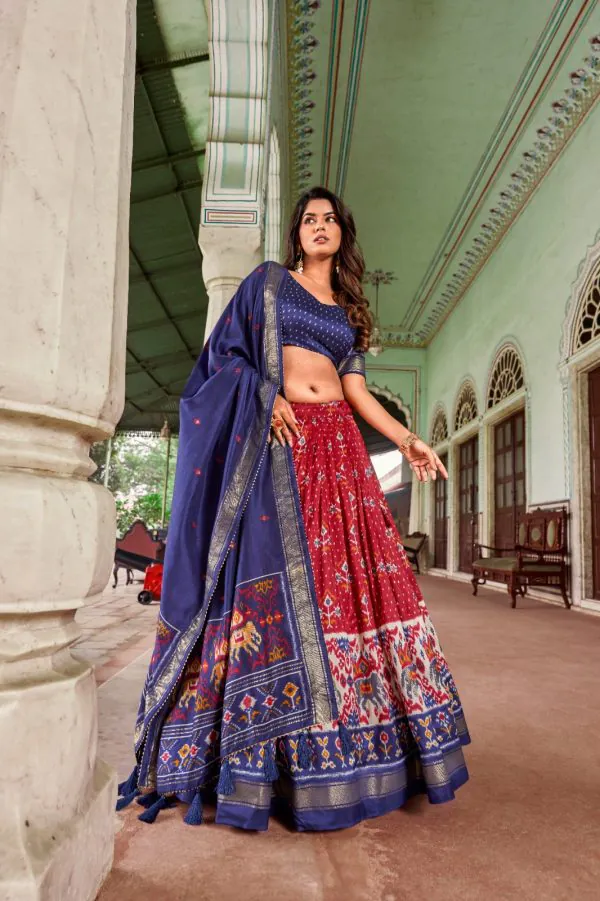 Attractive Red Color Tussar Silk Patola Foil Printed Lehenga Choli