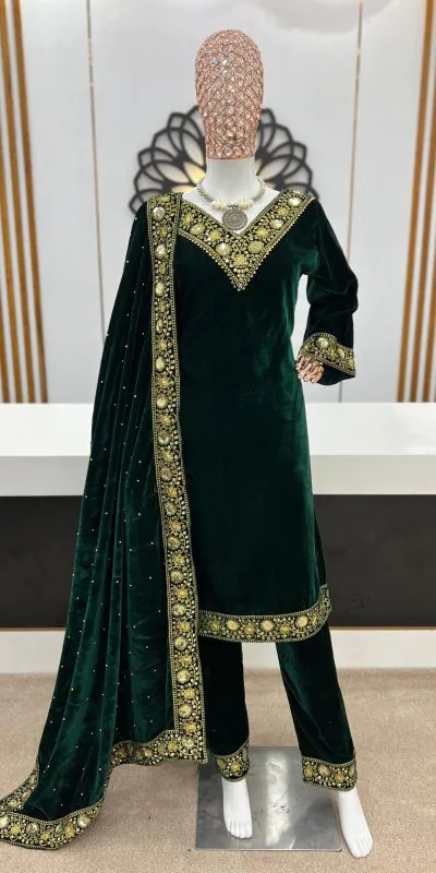Aurora Green Color Heavy Viscose Velvet With Embroidery Sequence Work Salwar Suit