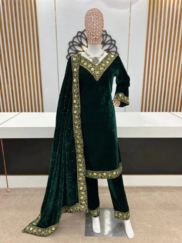 Aurora Green Color Heavy Viscose Velvet With Embroidery Sequence Work Salwar Suit