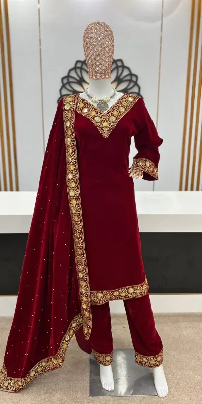 Aurora Maroon Color Heavy Viscose Velvet With Embroidery Sequence Work Salwar Suit