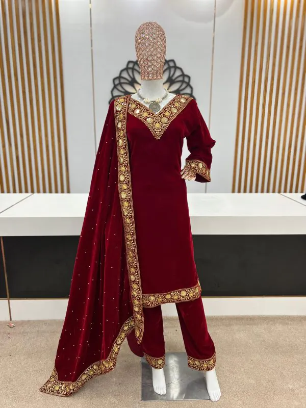 Aurora Maroon Color Heavy Viscose Velvet With Embroidery Sequence Work Salwar Suit