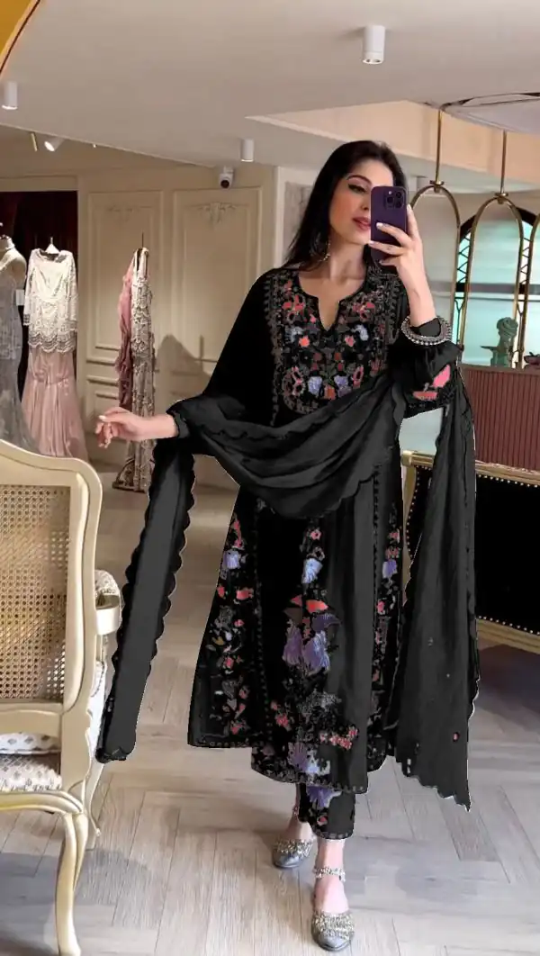 Awesome Black Color Georgette Embroidery Work Salwar Suit