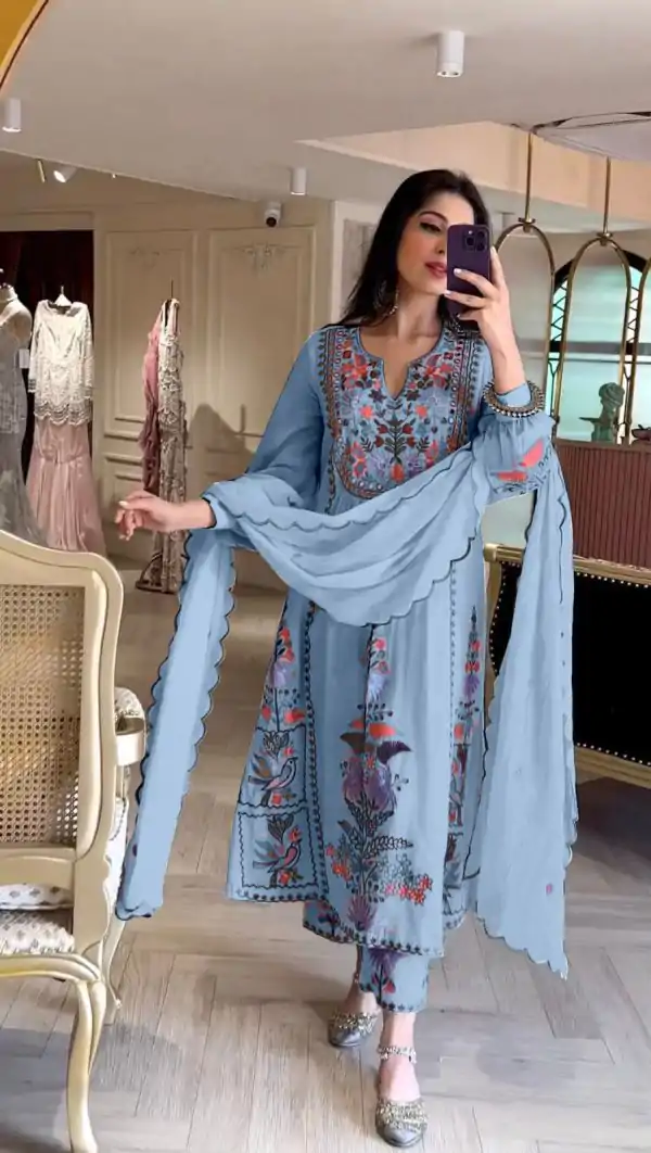 Awesome Blue Color Georgette Embroidery Work Salwar Suit