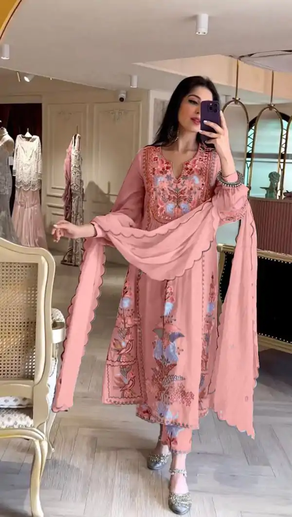 Awesome Orange Color Georgette Embroidery Work Salwar Suit