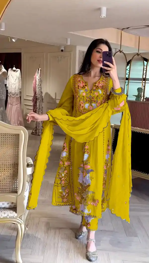 Awesome Yellow Color Georgette Embroidery Work Salwar Suit