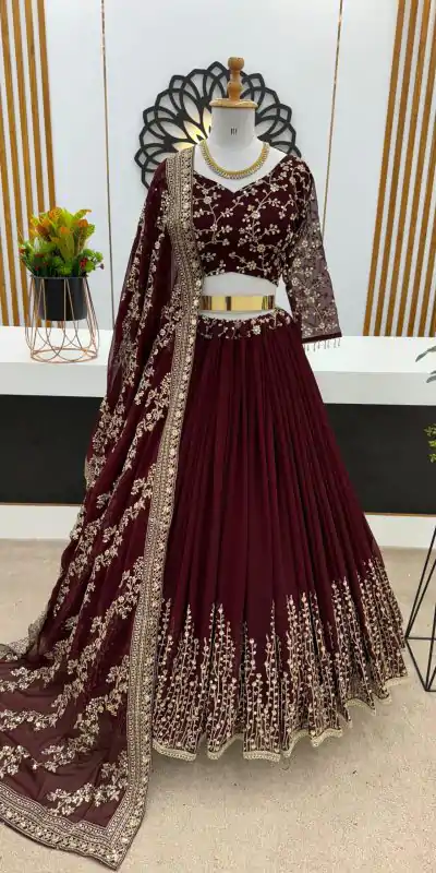 Beautiful Dark Maroon Color Faux Georgette With Embroidery Sequence Work Lehenga Choli
