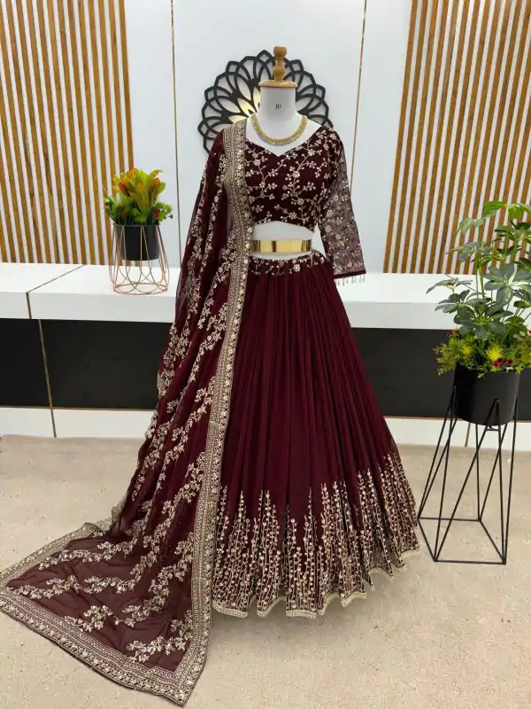 Beautiful Dark Maroon Color Faux Georgette With Embroidery Sequence Work Lehenga Choli
