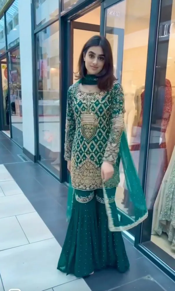 Beautiful Green Color Georgette Embroidery Work Sharara Suit