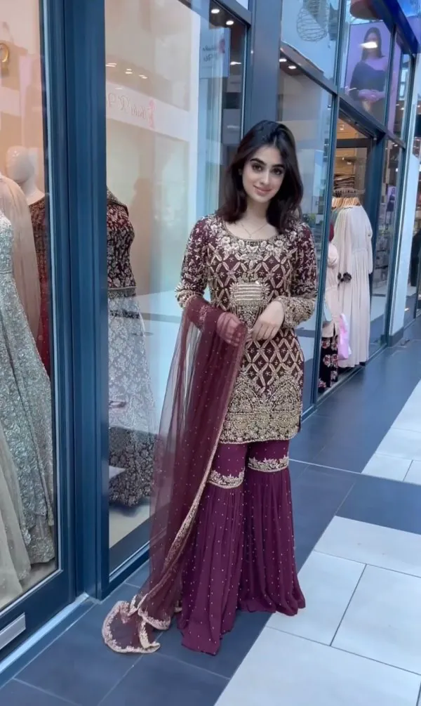Beautiful Maroon Color Georgette Embroidery Work Sharara Suit
