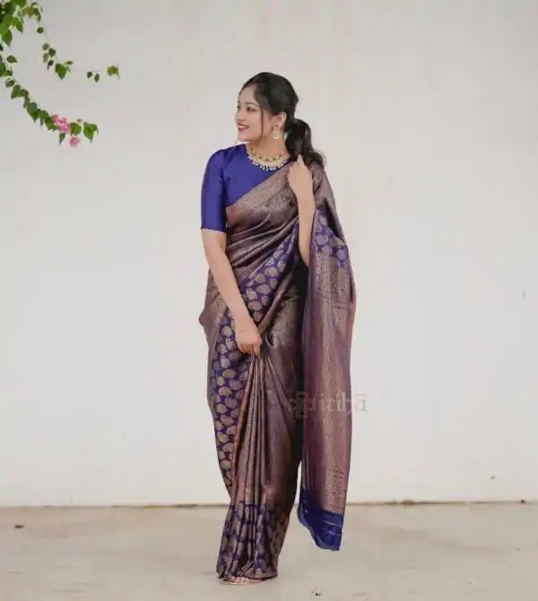 Beautiful Navy Blue Color Soft Lichi Silk With Ordinary Design Saree