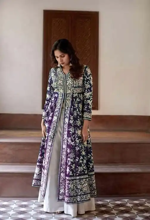 Beautiful Purple Color Cotton Slub Embroidery Work Sharara Suit