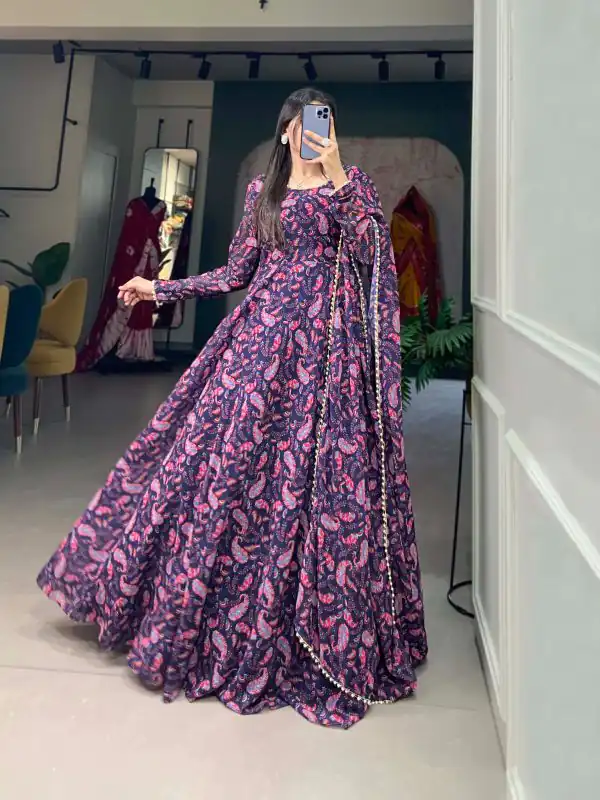 Beautiful Purple Color Georgette Floral Printed Party Wear Gown