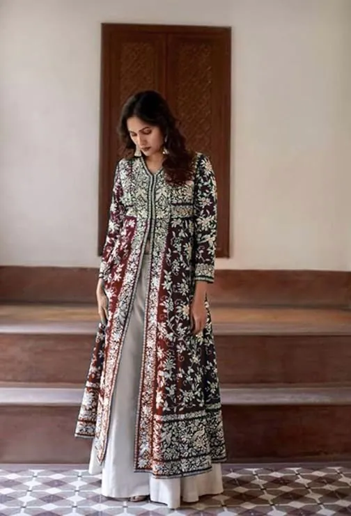 Beautiful Red Color Cotton Slub Embroidery Work Sharara Suit