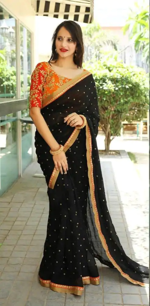 Bewitching Black Color Georgette Embroidery Work Saree