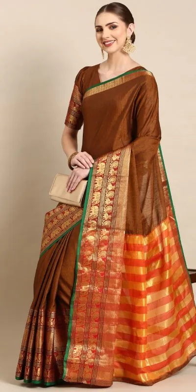 Brilliant Brown Color Narayan Pet Zari Weaving Work Saree