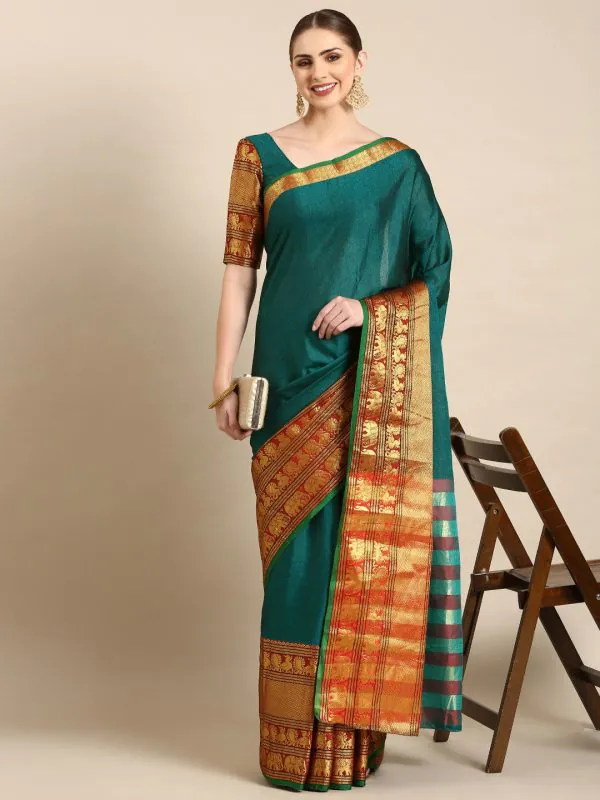 Brilliant Green Color Narayan Pet Zari Weaving Work Saree