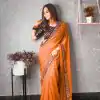 Brilliant Orange Color Printed Georgette With Sequence Embroidery Lace Saree