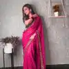 Brilliant Wine Color Printed Georgette With Sequence Embroidery Lace Saree