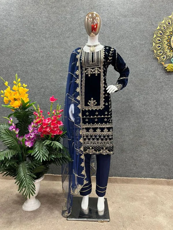 Charming Navy Blue Color Viscos velvet with Heavy Embroidery Work Party Wear Salwar Suit
