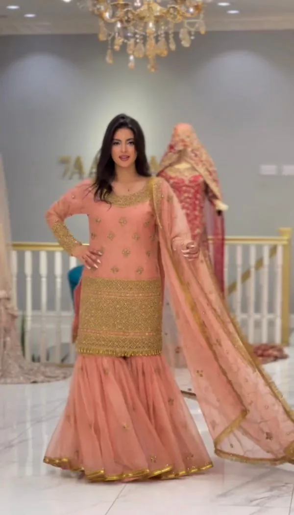 Charming Orange Color Heavy Faux Georgette  Embroidery Sequence Work  Sharara Suit