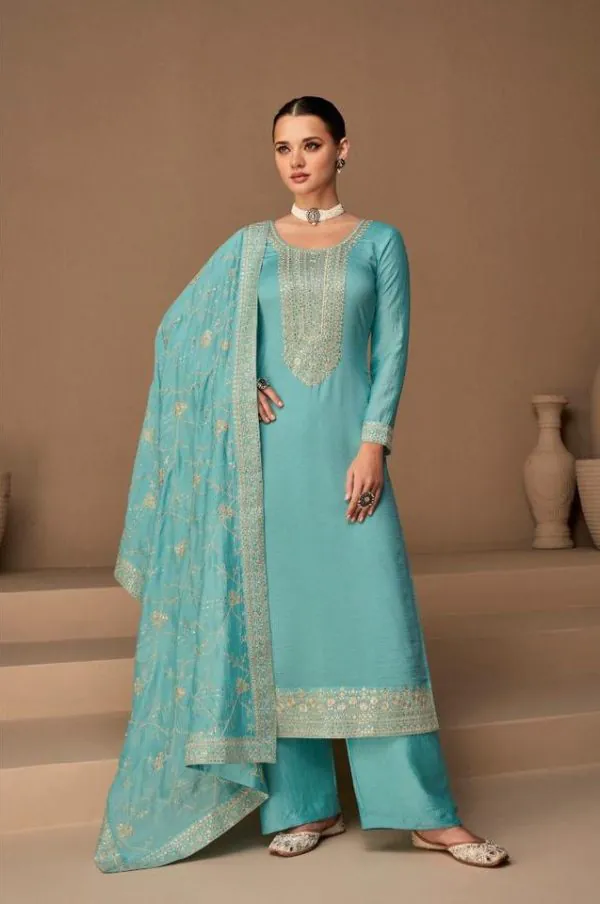 Charming Sky Blue Color Sequence Embroidery Stone Work Straight Salwar Suit