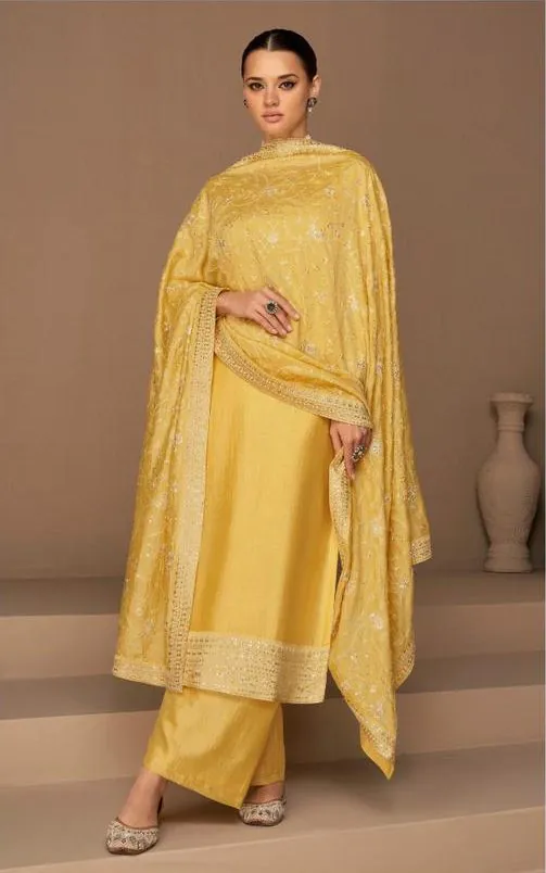 Charming Yellow Color Sequence Embroidery Stone Work Straight Salwar Suit
