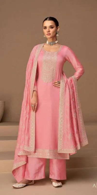 Charming pink Color Sequence Embroidery Stone Work Straight Salwar Suit