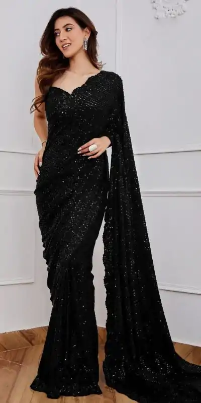 Classic Black Color Georgette Embroidery Sequins Work Saree