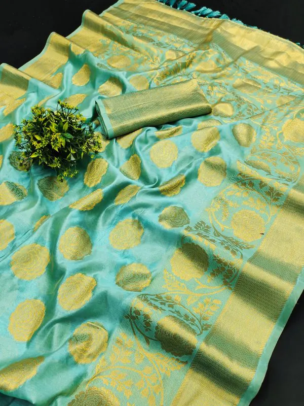 Classic Firozi Color Pure Organza Gold Zari Weaving Silk Saree