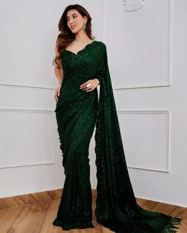 Classic Bottle Green Georgette Embroidery Sequins Work Saree