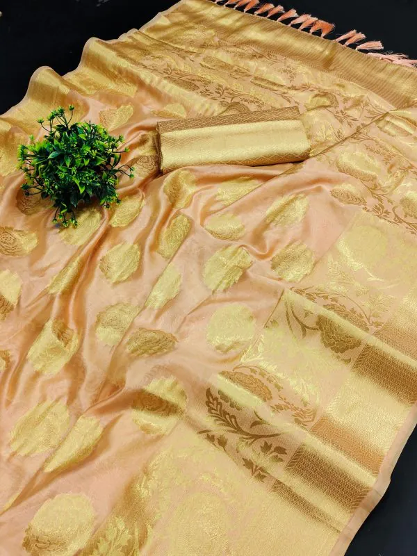 Classic Golden Pink Color Pure Organza Gold Zari Silk Saree
