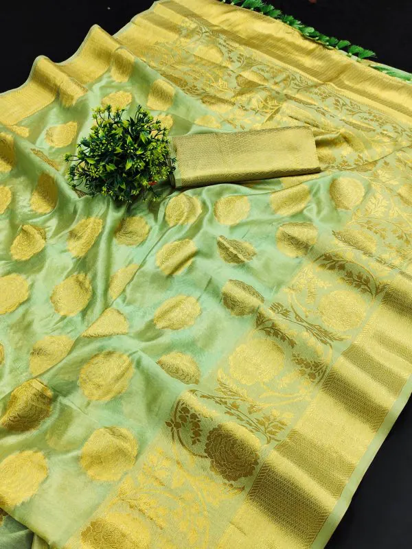 Classic Green Color Pure Organza Gold Zari Weaving Silk Saree