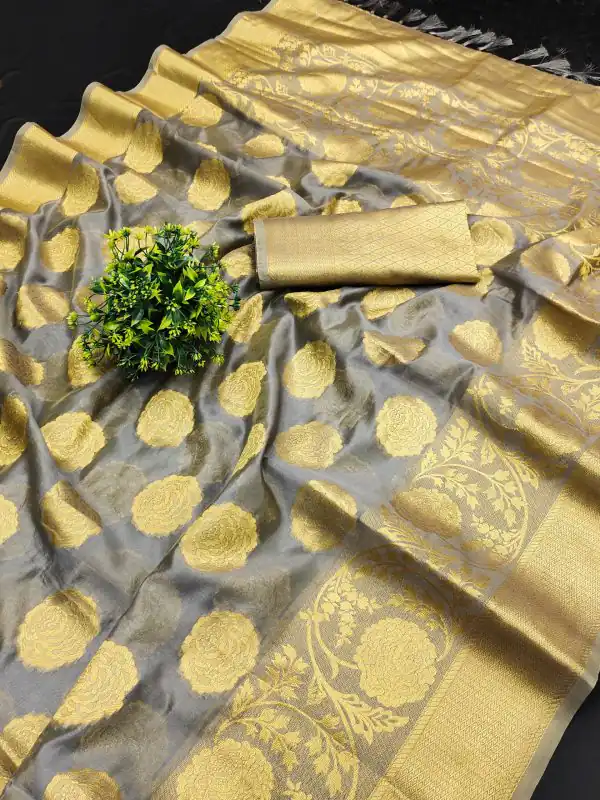 Classic Grey Color Pure Organza Gold Zari Weaving Silk Saree