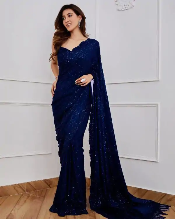 Classic Navy Blue Color Georgette Embroidery Sequins Saree