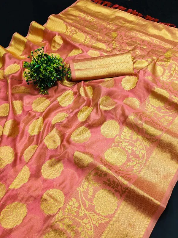 Classic Pink Color Pure Organza Gold Zari Weaving Silk Saree