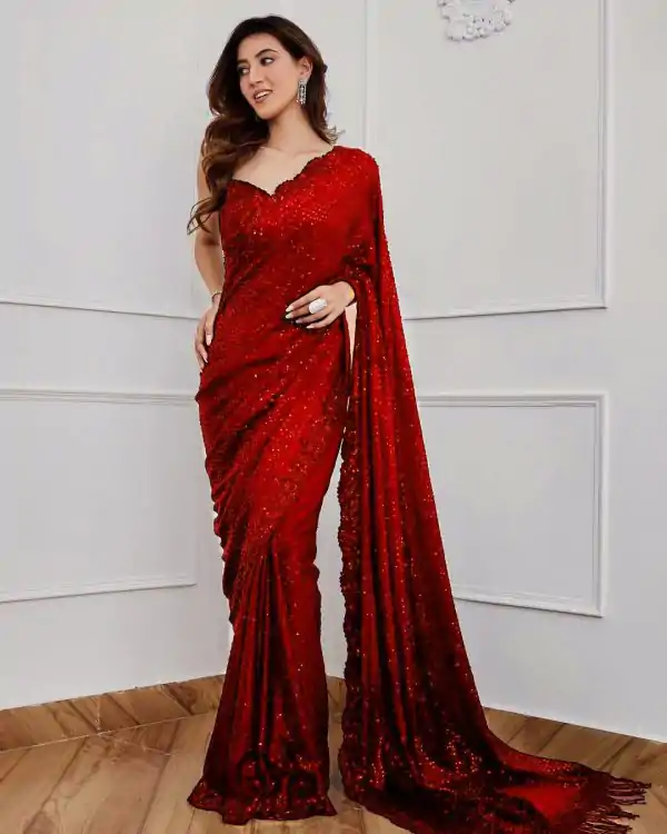 Classic Red Color Georgette Embroidery Sequins Work Saree