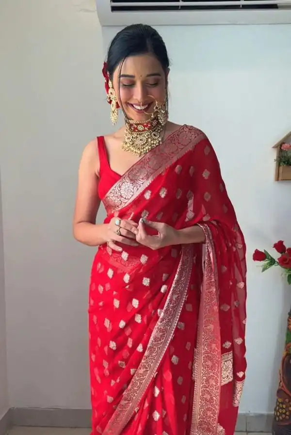 Classic Red Color Soft Cotton Silk Golden Weaving Work Saree