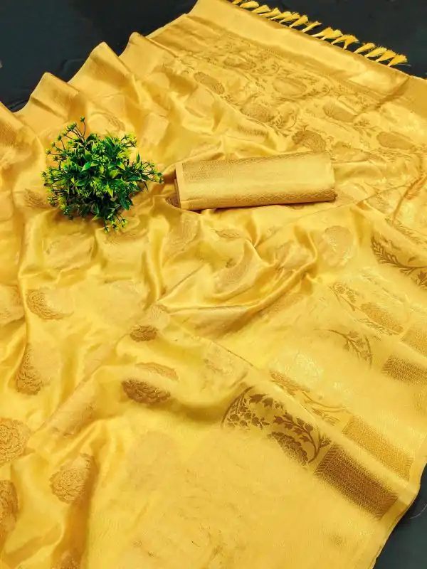 Classic Yellow Color Pure Organza Gold Zari Weaving Silk Saree