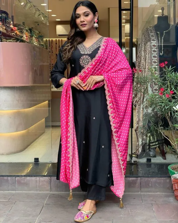 Dazzling Black Color Modal Silk Embroidery Sequence Work Kurti