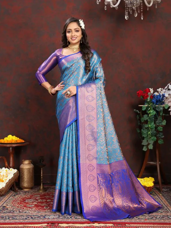 Dazzling Blue Color Lichi Silk Gold & Cooper Zari Weaving Saree