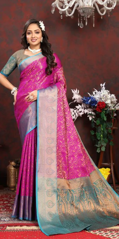 Dazzling Pink Color Lichi Silk Gold And Cooper Zari Weaving Saree