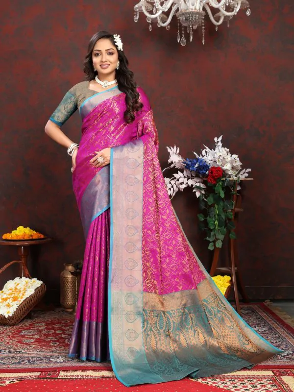 Dazzling Pink Color Lichi Silk Gold And Cooper Zari Weaving Saree