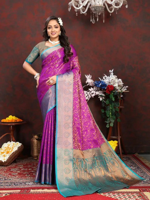 Dazzling Purple Color Lichi Silk Gold & Cooper Zari Weaving Saree